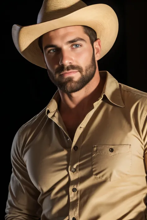 sexy male with brown short hair, 30 years, cowboy, peão, farmer, camisa xadrez, looking at the viewer, full body, beautiful face, attractive face, model face, male face, detailed eyes, light eyes, muscle body, beard, extremely detailed face, hyper detailed...