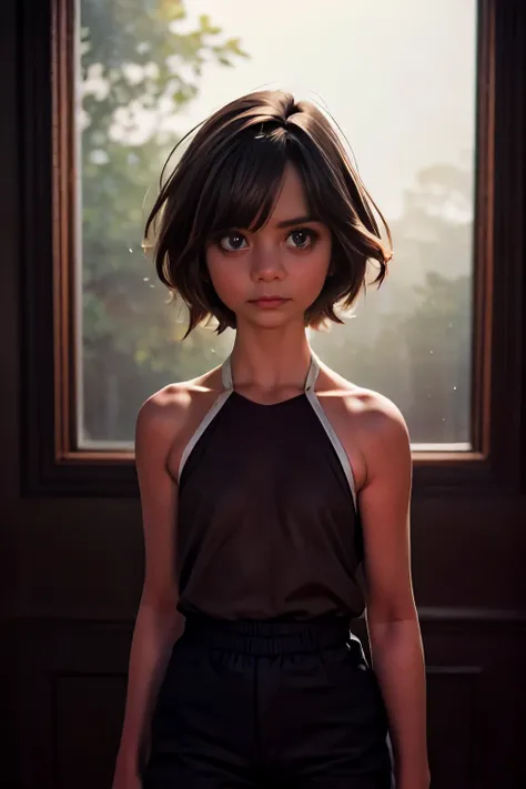 a young girl, half body shot, very small breasts, flat chested, runners skinny body, (best quality:1.2) , (masterpiece:1.1), ultra detailed, photorealism, upper body, (looking at viewer:1.1), (night, dark living room:1.2), short hair, atmospheric lighting,...