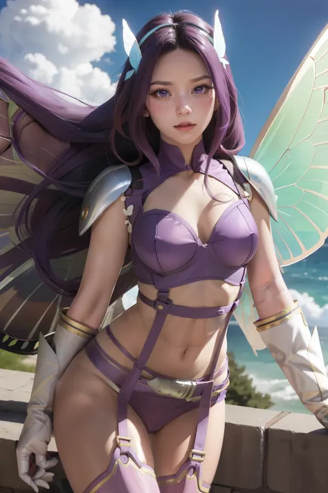 purple hair, long hair,  hair ornament, belt, butterfly wings gauntlets, cleavage, garter straps, gauntlets, navel, shoulder pads, thighhighs,, sky, cloud,