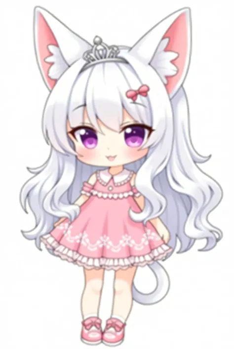 A cute anime-style catgirl with long, wavy white hair and bright purple eyes, wearing a pink lace dress with frilly details. She has large white cat ears with pink inner fur. A small silver tiara sits on her head. She wears pink sneakers and has a gentle s...