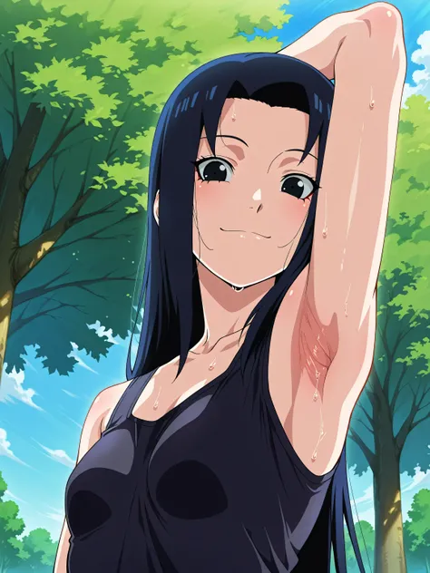 masterpiece, best quality, amazing quality, anime screencap, 1girl, solo, mikoto_uchiha, black eyes, black hair, long straight hair, bangs, black tank top, sleeveless, bare shoulders, bare arms, arm behind head, armpit, head towards viewer, looking at view...