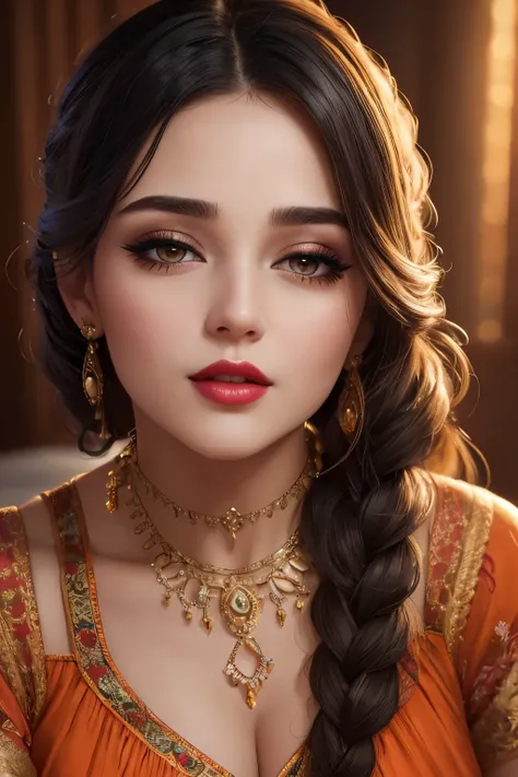 Amazing portrait of a woman who is 30 years old and an adult and a sexy woman in a bedroom with a beautiful detailed face emphasised by some amazing makeup wearing an orange maxi dress with floral patterns and a square neckline that emphasizes her medium c...