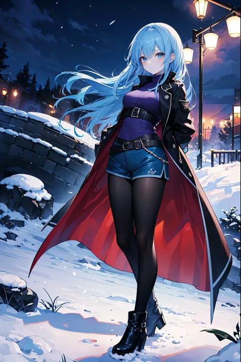 High Resolution, Masterpiece, 4K, snowy riverside, night, 1girl, blue hair, long hair, blue eyes, medium breasts, black combat coat, violet shirt, blue shorts, black leggings, black boots, looking at viewer, arms behind back