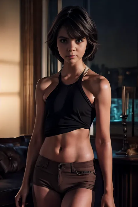 a young girl, half body shot, very small breasts, flat chested, runners skinny body, (best quality:1.2) , (masterpiece:1.1), ultra detailed, photorealism, upper body, (looking at viewer:1.1), (night, dark living room:1.2), short hair, atmospheric lighting,...