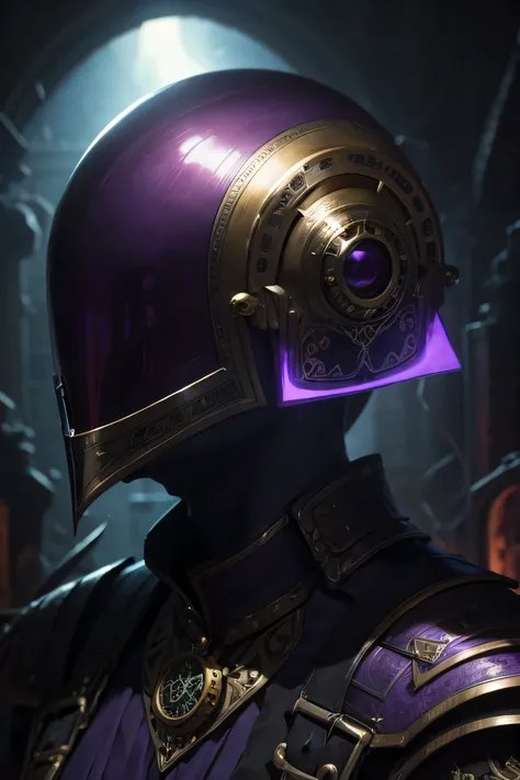 Dark magician in purple armor and mask, purple theme,  realistic art , horror, steampunk,  Lovecraft 