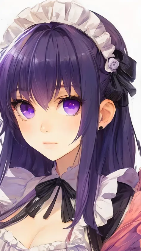 Purple long-haired maiden with cute eyes. Bright purple eyes