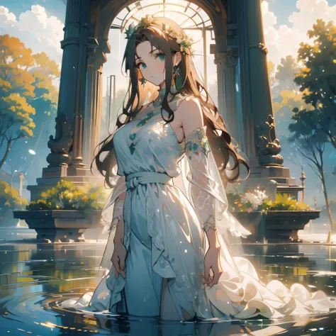 ((masterpiece, best quality)), Delicate face，light brown hair, green emerald eyes，whole body，Standing picture，Large Breasts，Gradient long wavy hair，Perfect body proportions，beautiful eyes，Extremely beautiful，Pure white background，Water Ripples，white one pi...