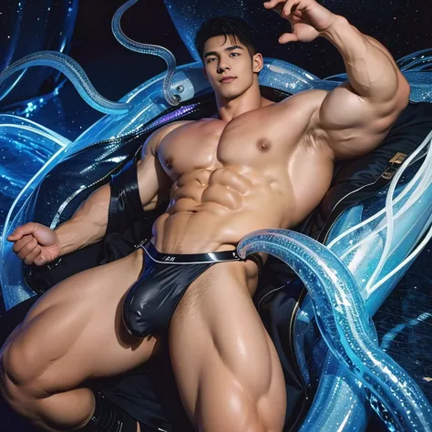 A handsome 18-year-old Japanese young man with an extremely attractive face, featuring monolid eyes (Asian features), wearing a very small bikini. He has a muscular, well-built body with droplets of milk scattered across his skin. A giant octopus is tightl...