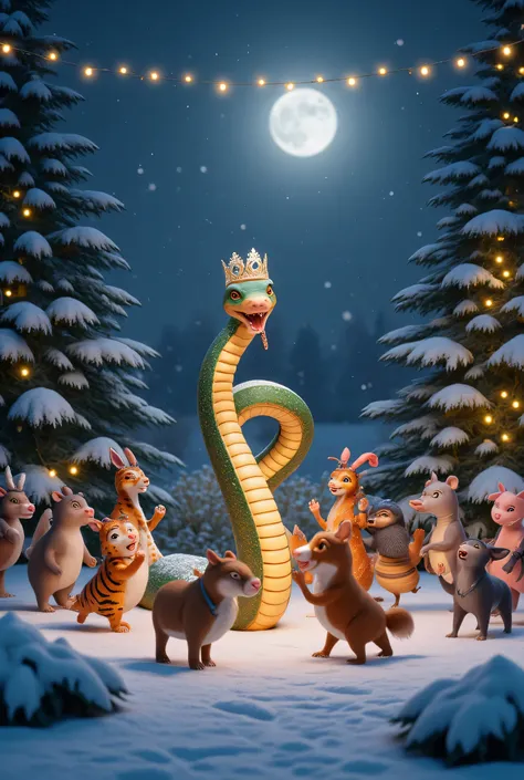 A magical winter scene in a snow-covered forest at night, illuminated by soft glowing garlands and a full moon. In the center of the clearing, a majestic snake with shimmering golden and green scales wears a sparkling crown adorned with snowflakes. Surroun...