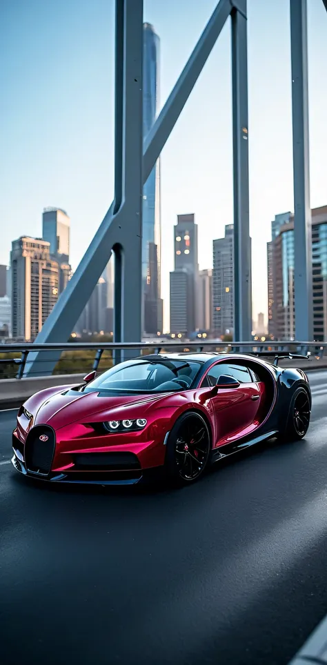 Create an ultra-detailed , perfectamente elaborado y sin distorsión de un  Bugatti Chiron estacionado en el puente y ofrece una vista impresionante de la ciudad!

** Bugatti Chiron:**
**color:**

* **Lucious Tone :** Vino intenso metálico  round (#660066) ...