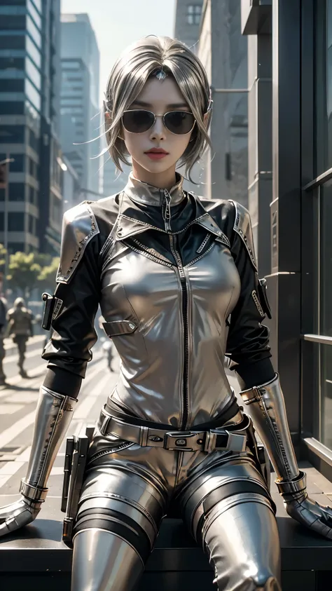 8K, UHD, masterpiece, 1 girl, detailed face, smart face, ((sunglasses)), detailed eyes, sniper rifle in hand, battleroyal, call of duty cosplay, call of duty modern warfare 3, ((ghost tribe)), ((metal silver cosplay:1.5)), ((shorts)), ((waist)), belts, gun...