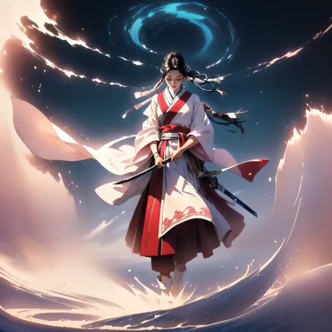 Masterpiece, top quality, in the seat, Full body image showing up to your feet、 Wide Shot 、 full body、 stand on tiptoes on one leg the other leg is bent from the knee、 closed eyes . loose strand framing face , closed eyes , furrowed brows. Long Black...