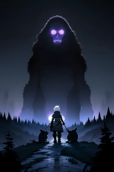  A Dark Image ,  of two people standing on top of a mountain ,  the image is dark and only their faint silhouettes  ,  a girl and a boy,  can be seen and behind them the faint shadow of giant creatures made of organic metal, And further back some purple ey...