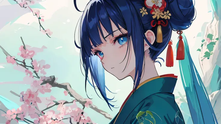 Navy hair, bun hair, blue eyes, alone, green clothes, Chinese kimono, anime, anime style, best quality, masterpiece