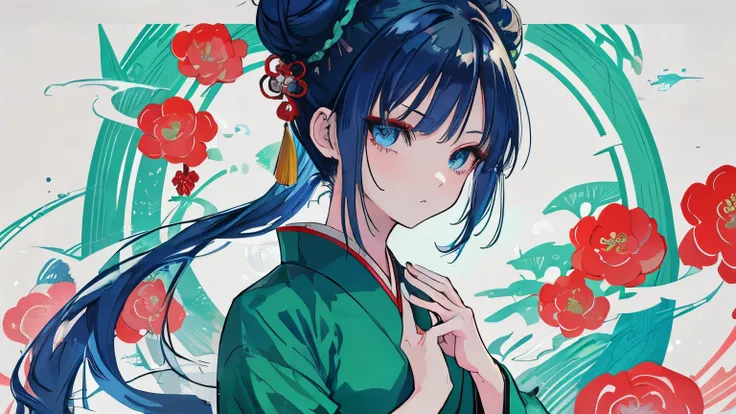 Navy hair, bun hair, blue eyes, alone, green clothes, Chinese kimono, anime, anime style, best quality, masterpiece