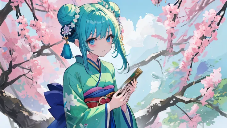 紺色の髪,  bun hair、 blue eyes、Green clothes、Chinese kimono、anime、animeスタイル