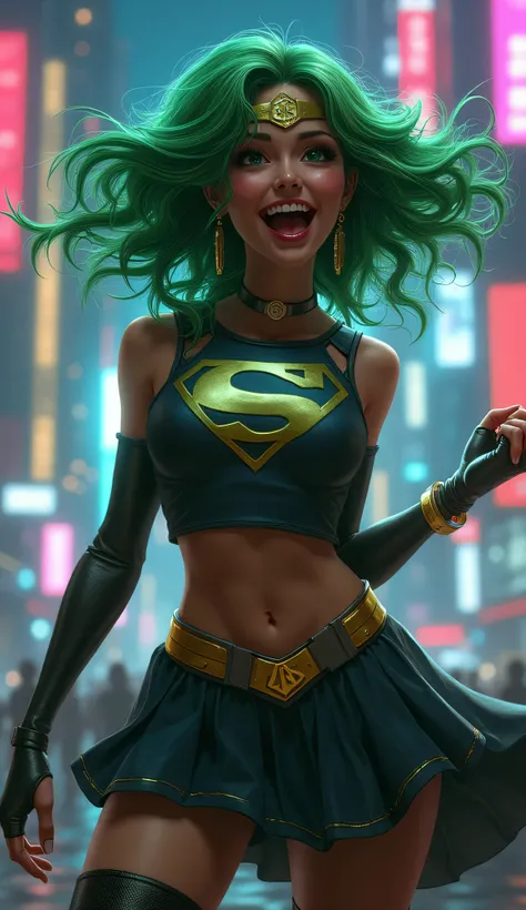 Chapri Supergirl laughter, flipping her green hair dramatically.Neon city lights reflect on her.The atmosphere is urban with a slight cyberpunk aesthetic. Realistic image 