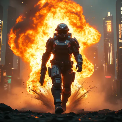 A futuristic soldier walking away from huge explosion