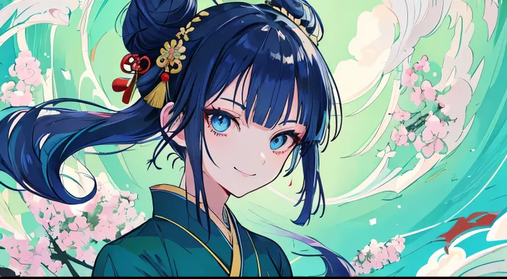 Navy hair, bun hair, blue eyes, alone, smile, green clothes, Chinese kimono, anime, anime style, best quality, masterpiece
