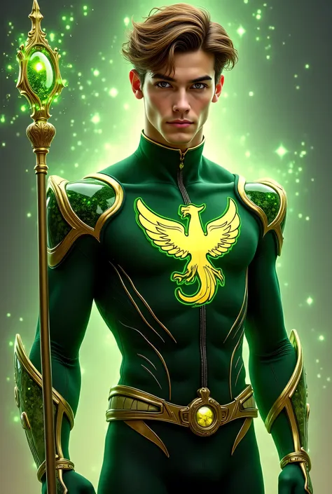 "A Chaos Magic-powered 25-year-old  Caucasian Latino Mix male superhero in a green and black suit with glowing green inclusions and gold metal details, with a gold phoenix symbol on the chest. Holding a Gold Bo Staff. He is surrounded by holographic green ...