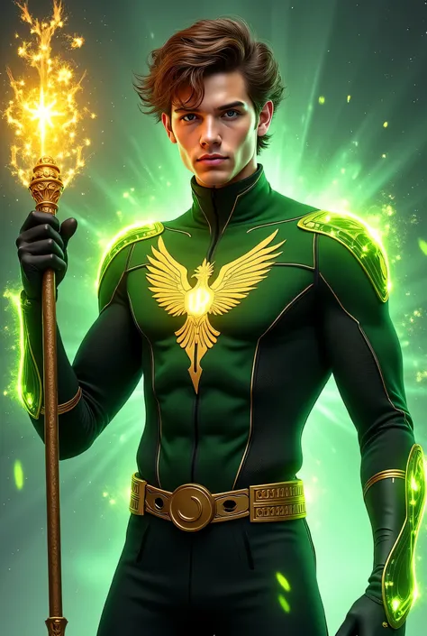 "A Chaos Magic-powered 25-year-old  Caucasian Latino Mix male superhero in a green and black suit with glowing green inclusions and gold metal details, with a gold phoenix symbol on the chest. Holding a Gold Bo Staff. He is surrounded by holographic green ...