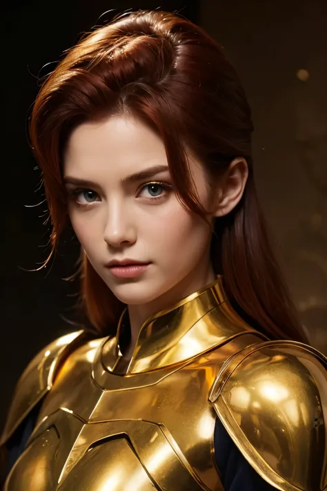    high resolution,    high quality ,   redhead beautiful woman ,   wear、 in、Dim Labyrinth     ,  Golden Armor  , whole body,   Since before ,   photos