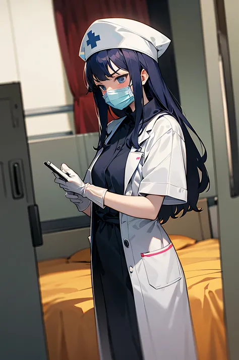 kasuganoray, pale skin, long hair, scrubs, surgical mask, surgical cap, 1girl, solo, rubber gloves, clipboard, looking down, furrowed brow, privacy screen, hospital bed, standing
