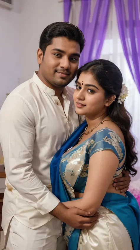 a  25-year-old shirtless man  affectionately hugging and kissing aradiant, full-figured South Indian plus-sized 22 year old teacher wearing a off white silky saree in  dressing room, captured in a full-body image with vibrant hues and meticulous details. F...