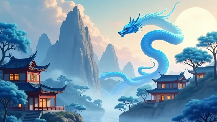  create a Chinese landscape , with a blue dragon , Chinese houses, blue trees. The big blue DRAGON must be in the middle of the image,  in the center of the image . It's dark , at night 