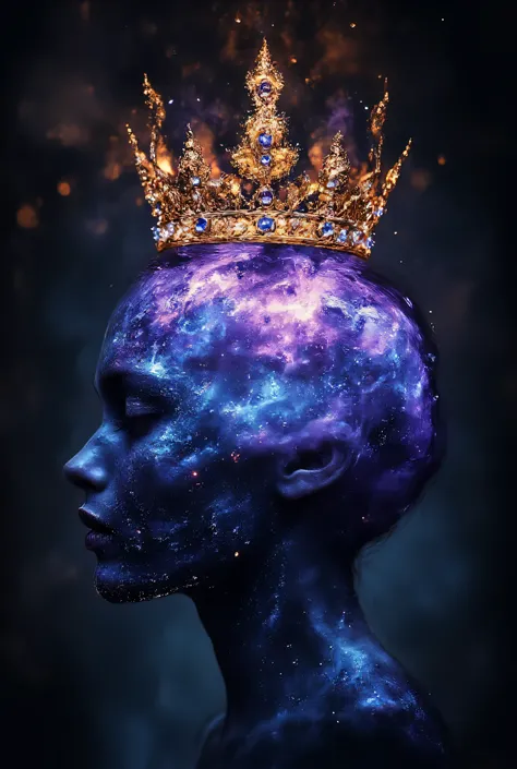 "A detailed illustration of a glowing human brain, with realistic textures and subtle light effects, using vibrant shades of blue and purple. On top of the brain, a luxurious golden crown, ornamented with sparkling jewels and refined details, symbolizing p...