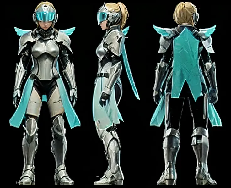 chara-sheet, anime woman, full body, character turnaround, multiple perspectives, front view, side view, female police knight, eagle wing concept, flying apparatus in her back, futuristic helmet with breathing apparatus, small wings shoulders, silver and b...