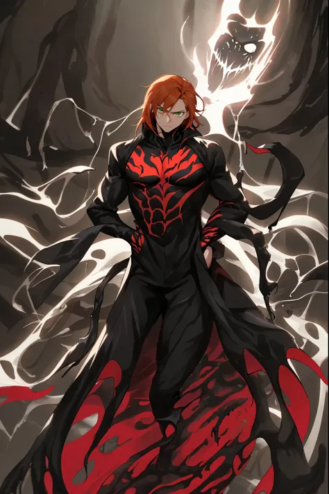 ginger hair color,green eyes, perfect eyes, medium length hair, venom symbiote symbol on chest, serious, young male, hands in pockets, cowboy shot, staring towards camera,
