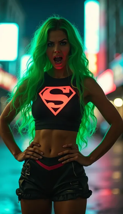 Chapri Supergirl, still furious, puts her hands on her hips and declares loudly, Her green hair glows under the streetlights.Neon city lights reflect on her.The atmosphere is urban with a slight cyberpunk aesthetic. Realistic image 