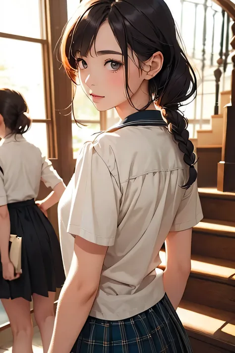 top quality、 high resolution、( HD:1.2)、 Masterpiece、 detailed background on a futon、( 2 girls:1.4)、 big size、( very detailed face:1.3)、Bright-colored hair、Braided bob cut、 ponytail、
at the end of a long hallway 、 back view of JK's in uniform walking hand...