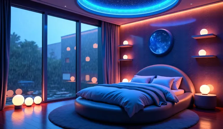 An ultra-realistic cozy bedroom with a starry galaxy-themed ceiling, glowing constellations, and smooth RGB lighting transitioning between blue and purple hues. A large round bed with soft, luxurious bedding sits at the center of the room. Floor-to-ceiling...