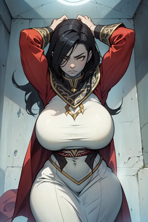 (dark cloak) solo girl black hair yellow eyes pale skin huge muscles huge breasts empty eyes empty eyes 