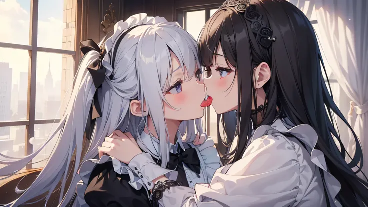 Highest quality、detailed、masterpiece、８k、(2cute girls)、Medium breast、slender、((Maid、 Deep Kiss 、 entangle your tongue、 large amount of salivation、 hug))、tongue close-up、 Dynamic Angle