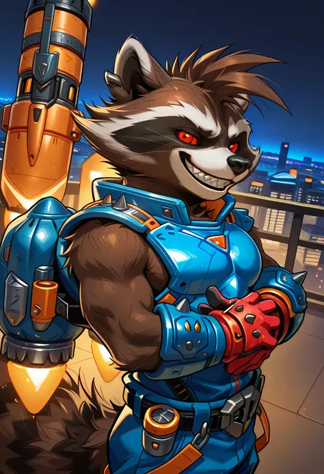 highres, hi res, best quality, masterpiece, intricate details, absurdres, 4k, solo, rocket_raccoon, furry, anthro, raccoon, brown body, brown fur, red sclera, red eyes, black nose, fluffy tail, sharp teeth, fangs, clothed, blue armor, blue pants, red glove...