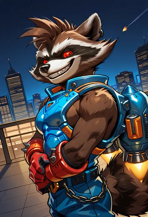 highres, hi res, best quality, masterpiece, intricate details, absurdres, 4k, solo, rocket_raccoon, furry, anthro, raccoon, brown body, brown fur, red sclera, red eyes, black nose, fluffy tail, sharp teeth, fangs, clothed, blue armor, blue pants, red glove...