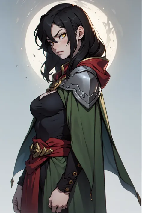 ((dark cloak)) solo girl black hair yellow eyes pale skin muscles breasts empty eyes 