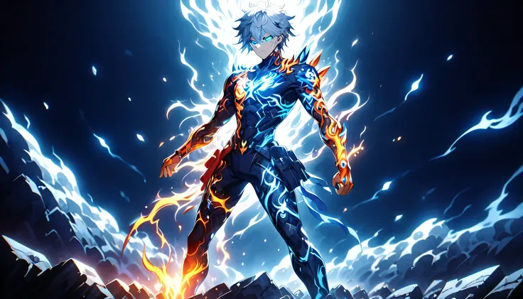 "Create an image of a powerful anime boy standing in a dynamic battle-ready pose. He has spiky silver hair, glowing blue eyes, and an intense aura of energy radiating around him. His outfit is a futuristic warrior suit with intricate patterns glowing with ...