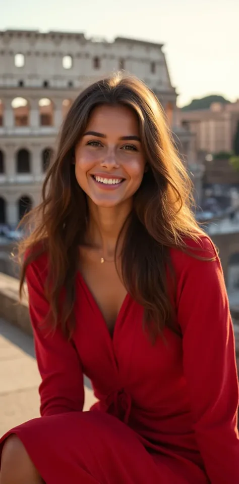 Hyperrealistic image of smiling, happy,  full body, long_hair, gorgeous, city girl, neckline, western,  red dress,  hot girl, Spain, Sitting in front of the Colosseum in Rome, make-up, ( masterpiece), The best quality ,  high resolution sweatshirt,  style ...