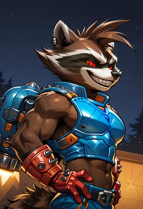 highres, hi res, best quality, masterpiece, intricate details, absurdres, 4k, solo, rocket_raccoon, furry, anthro, raccoon, brown body, brown fur, red sclera, red eyes, black nose, fluffy tail, sharp teeth, fangs, crop top, abs, blue armor, blue pants, red...
