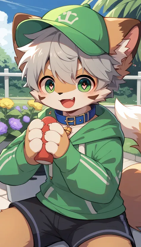  very detailedな, very detailed, brown fur gray hair ,Age 15、male,骨を見てExcited, heart eyes,participate,Blue collar, green white and colored hat, cute face, fluffy fur like one,Excited, Horny boy,garden,Smiling face,Dropped ears,Want,Let's play with me！aldult...