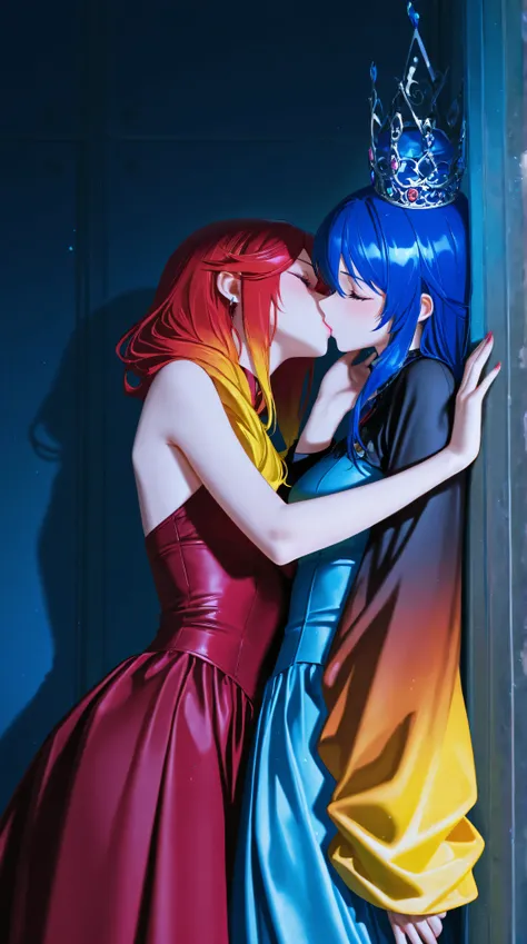 Kizi，Highly detailed, Amazing work，Vitreous luster,((clean backdrop))，In purple，(((blue colors)))，red color，yellow colour，Best quality at best，clean backdrop, lesbians, kissing, 