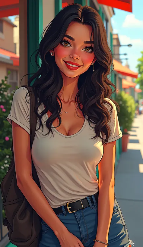 DISCREET image. with discreet casual clothes. image adult woman, american, comic book style. with a discreet smile. IMAGES WITH VIBRANT COLORS. focus on face
