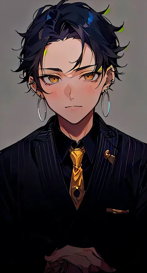 anime guy with black hair and a yellow tie and earrings, handsome guy in demon slayer art, delicate androgynous prince, inspired by Okumura Masanobu, beautiful androgynous prince, as an anime character, handsome japanese demon boy, he is wearing a suit, ma...