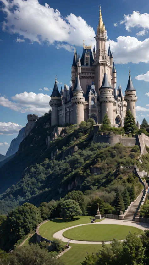 Masterpiece, 最 high quality , high quality , high quality , high quality ドイツのノイシュヴァンシュタイン城: Roman castle which is said to be the model for Cinderella Castle。, (Scenery from the foot) Detailed CG Unity 8K Wallpaper , Scenery, Outdoors,Sky and Clouds,...
