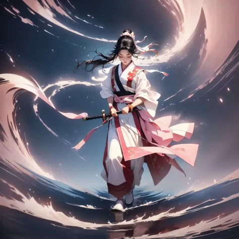 Masterpiece, top quality, in the seat, Full body image showing up to your feet、 Wide Shot 、 full body、 stand on tiptoes on one leg the other leg is bent from the knee、 closed eyes . loose strand framing face , closed eyes , furrowed brows. Long Black...