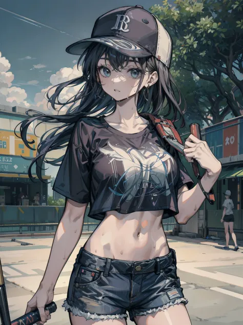 perfect anatomy, correct body, earring, narrow waist, black hair, large breasts, sweat, outdoor, cowboy shot, baseball cap, black T-shirt, crop top, shorts,